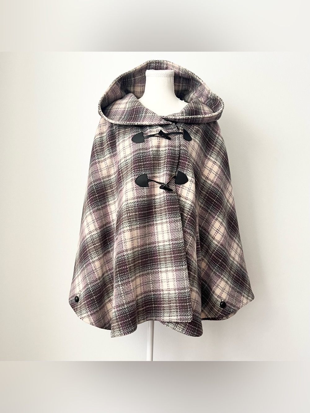 Eddie Bauer Women's Wool Blend Plaid Poncho Coat Hooded L/XL Pink Brown 2009